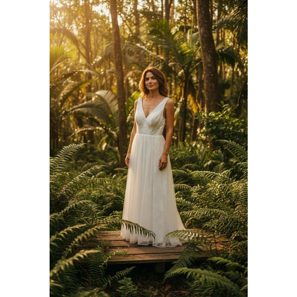 HONGFUYU White V-Neck Wedding Dress Size S - Picture 8 of 15